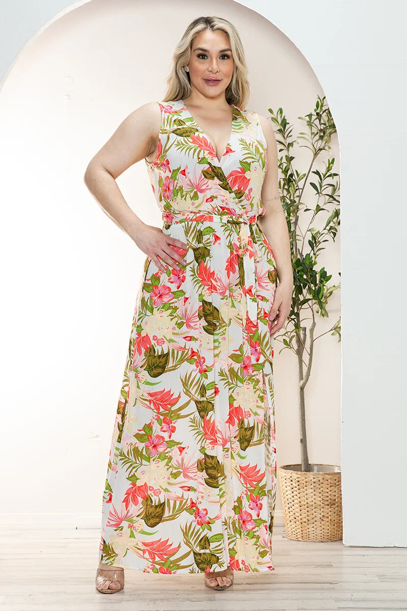 Plus Size Floral Wrap Belted Front Slit Maxi Dress