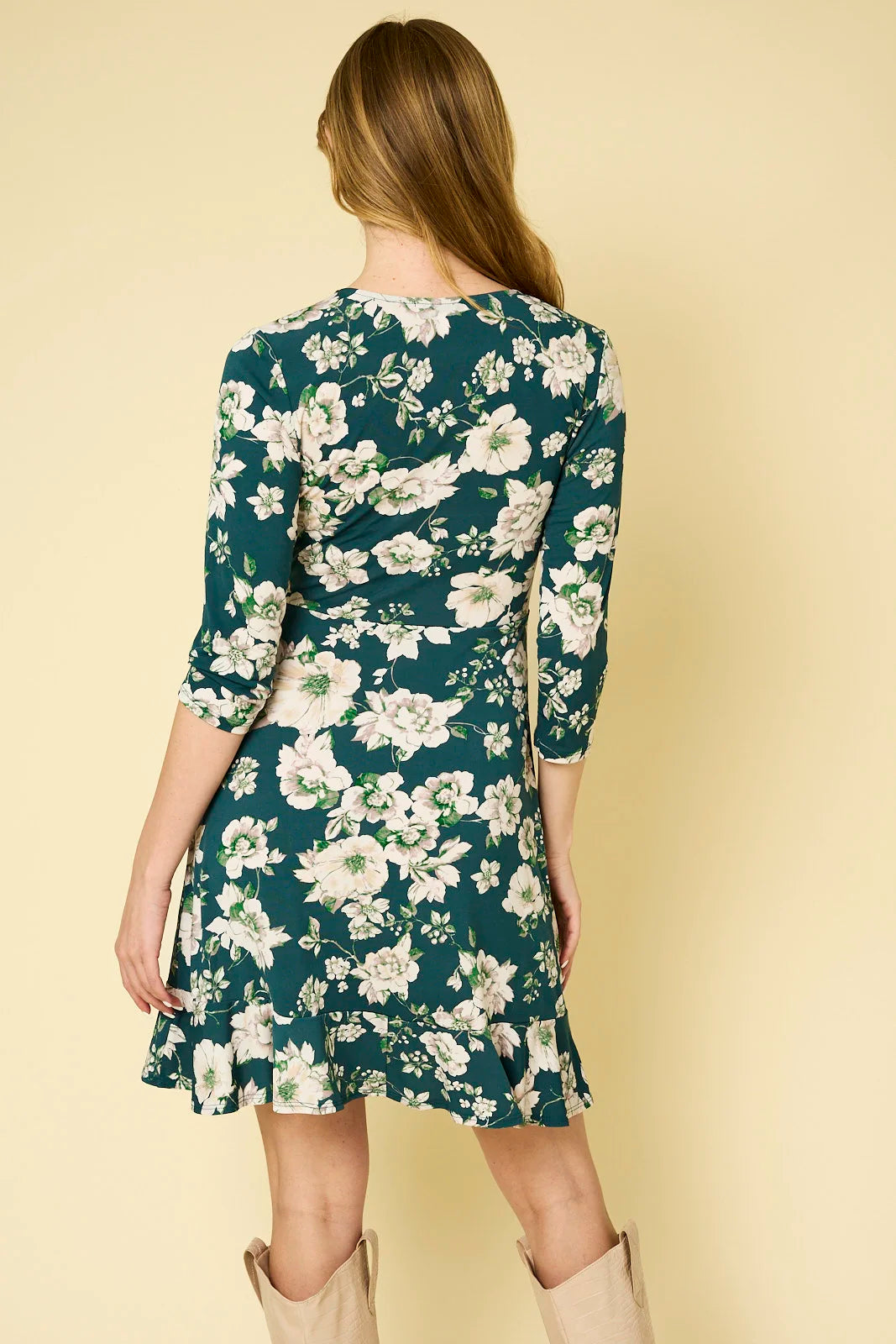 Floral Wrap Tie 3/4 Sleeve V Neck Mini Dress