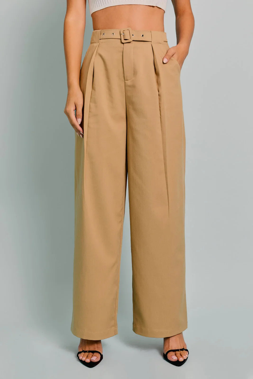 Camel Belted High Waist Wide Dressy Pants - ShopStyleEdit #