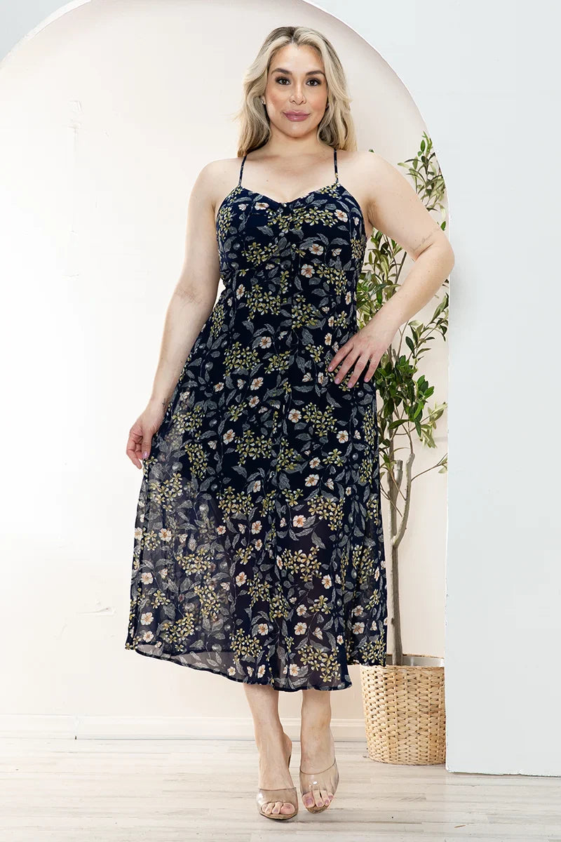 Plus Size Floral Chiffon Sweetheart Neckline Midi Dress