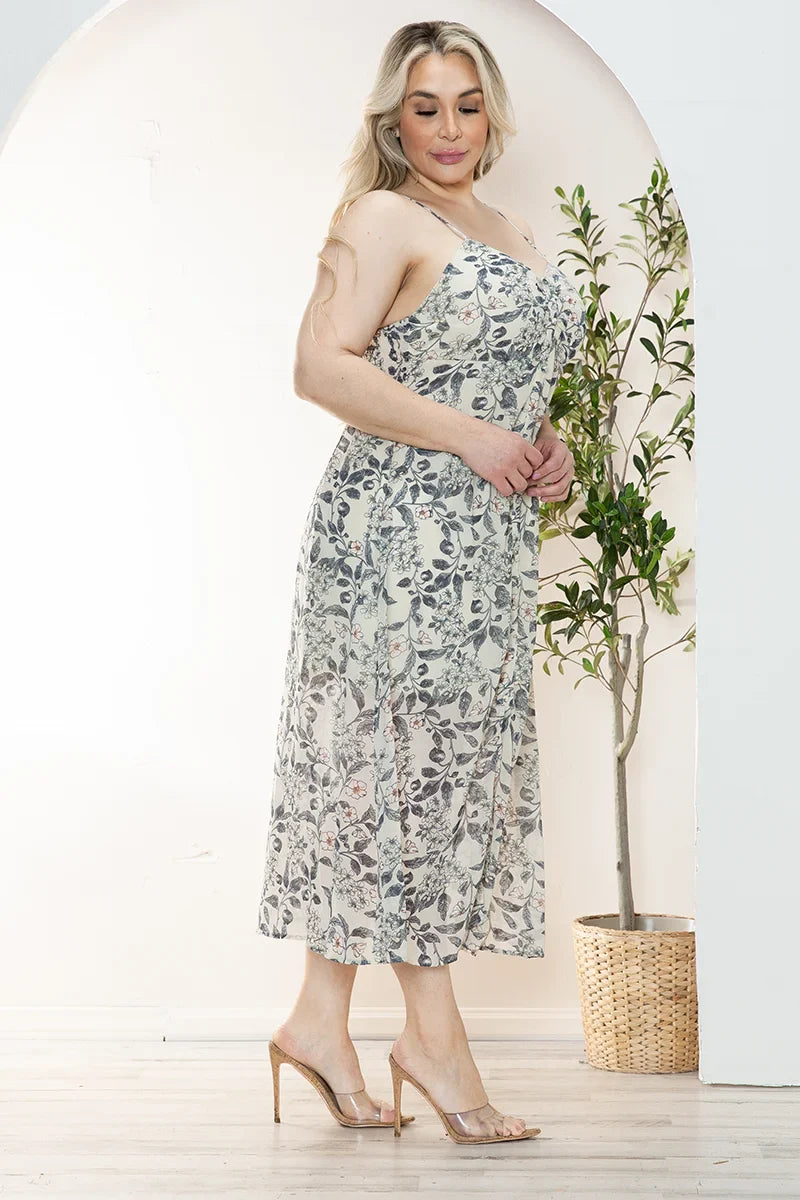 Plus Size Floral Chiffon Sweetheart Neckline Midi Dress