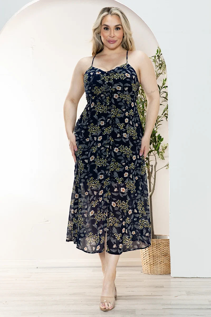 Plus Size Floral Chiffon Sweetheart Neckline Midi Dress