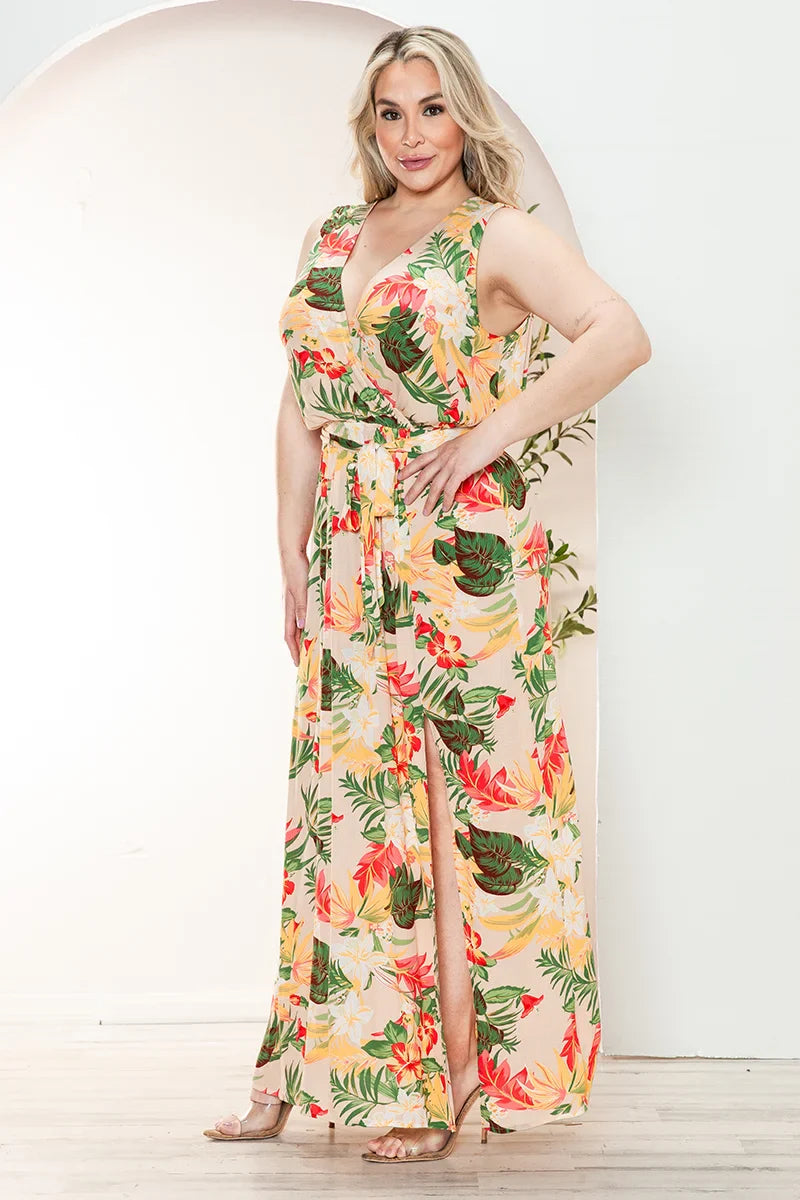 Plus Size Floral Wrap Belted Front Slit Maxi Dress