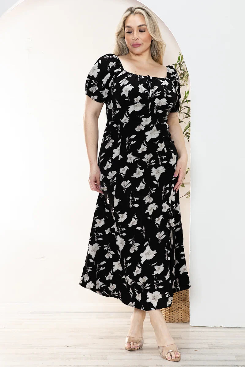 Plus Size Floral Front Tie Short Puff Sleeve Midi Dress