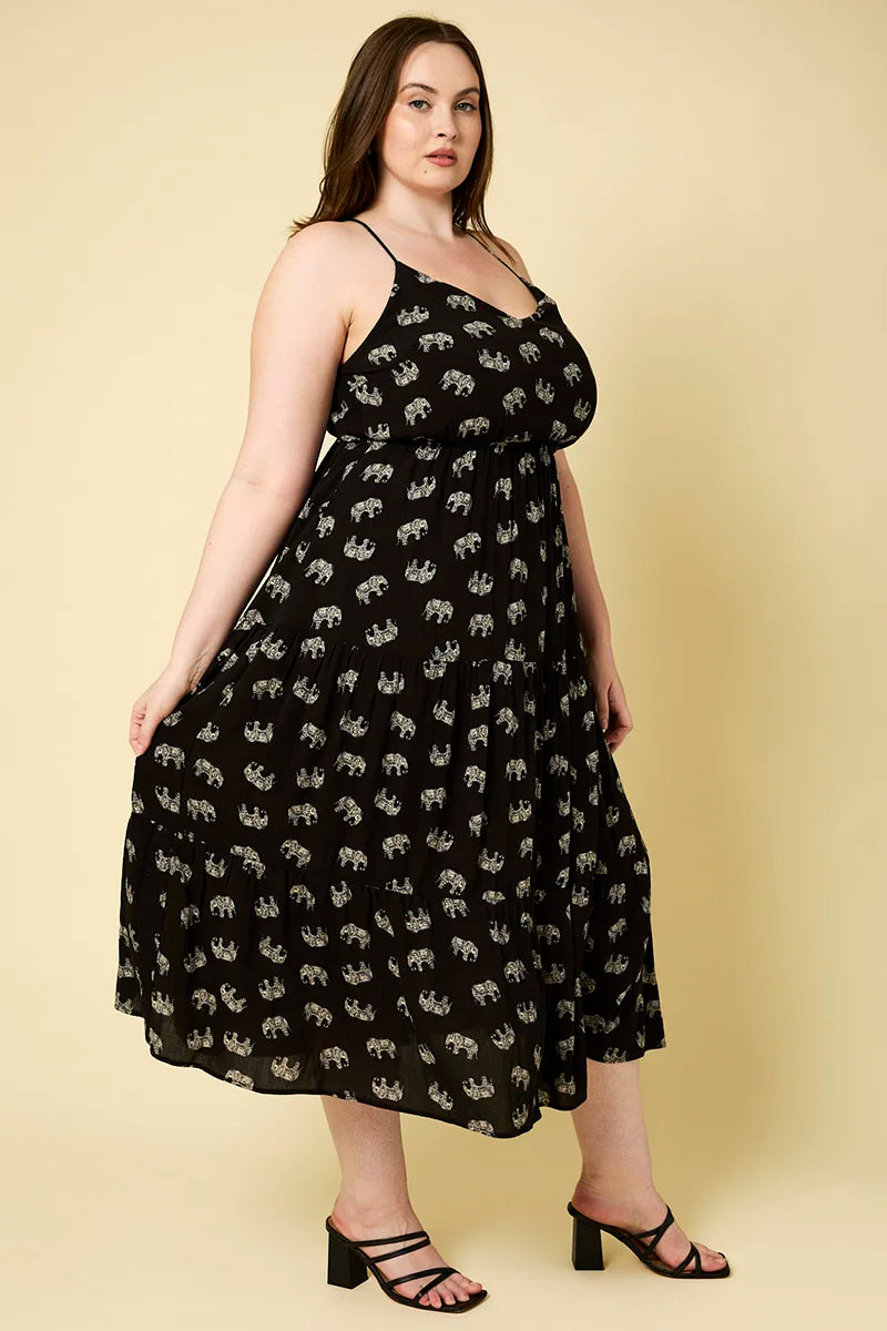 Plus Size Sleeveless Tiered Elephant Print Midi Dress