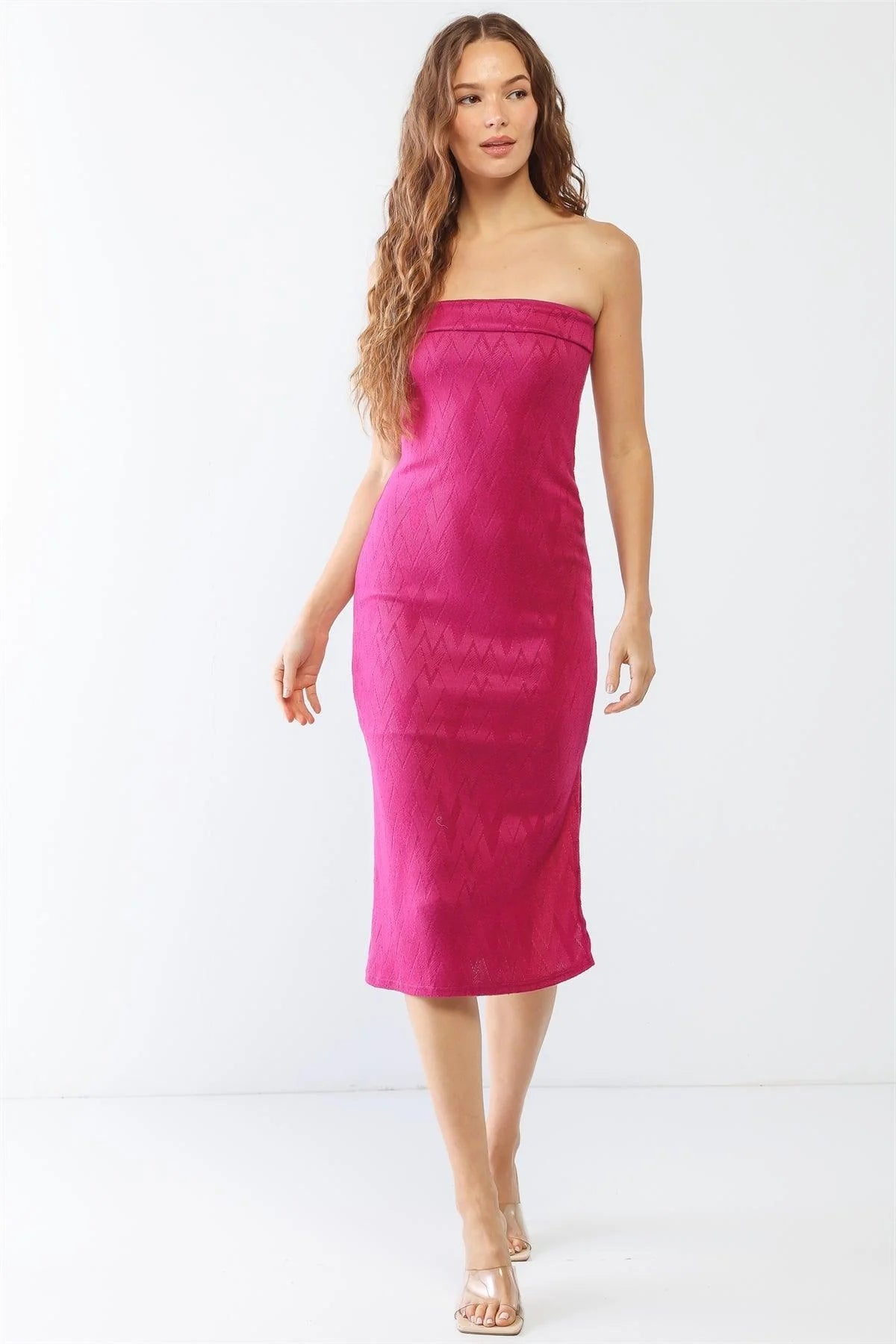 Magenta & Jade Geo Print Strapless Side Slit Midi Dress