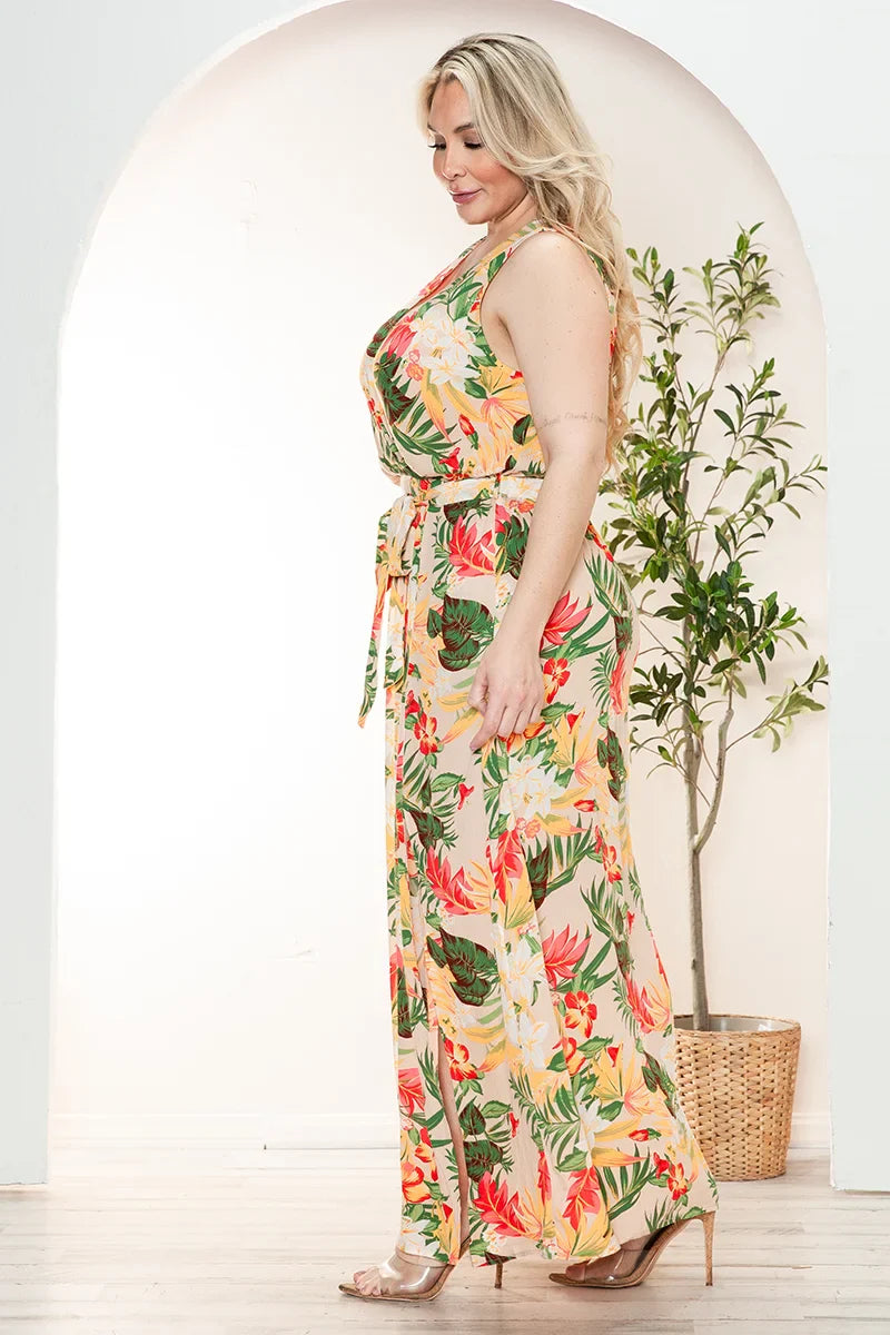 Plus Size Floral Wrap Belted Front Slit Maxi Dress