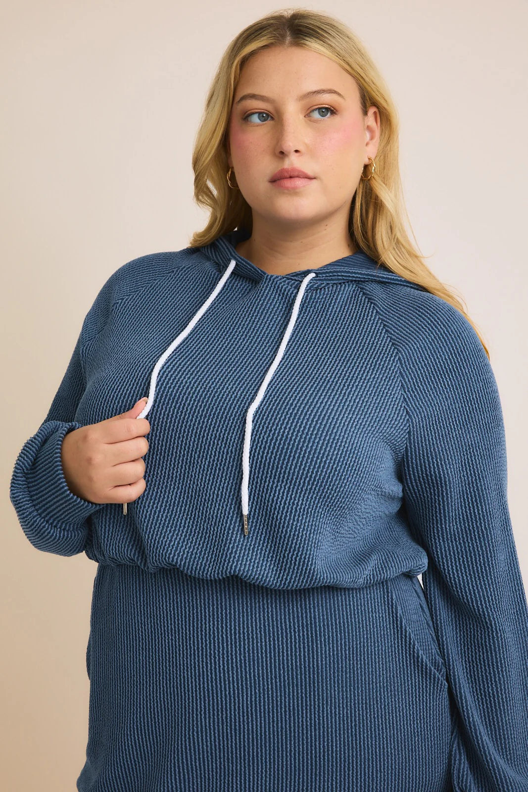 Plus Size Textured Long Sleeve Hooded Dress