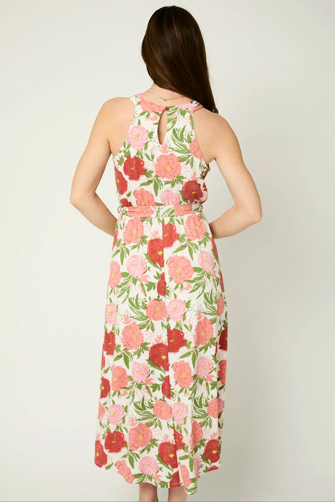 Floral Halter Front Tie Back Keyhole Midi Dress