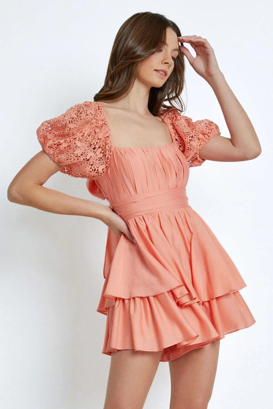 Lace Sleeve Back Tie Ruffle Tiered Mini Romper Dress