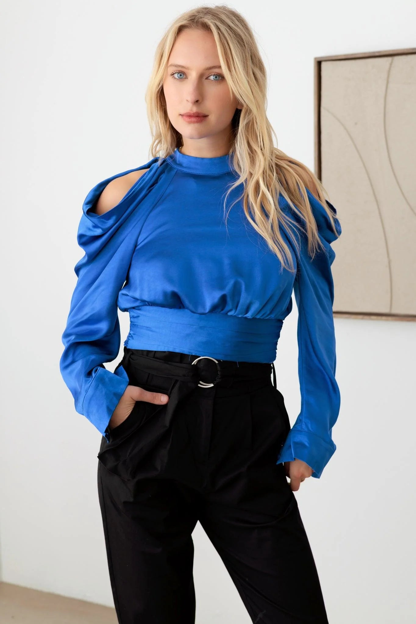 Satin Drape Sleeve Crop Cold Shoulder Top - ShopStyleEdit #