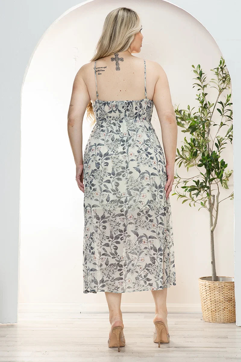 Plus Size Floral Chiffon Sweetheart Neckline Midi Dress