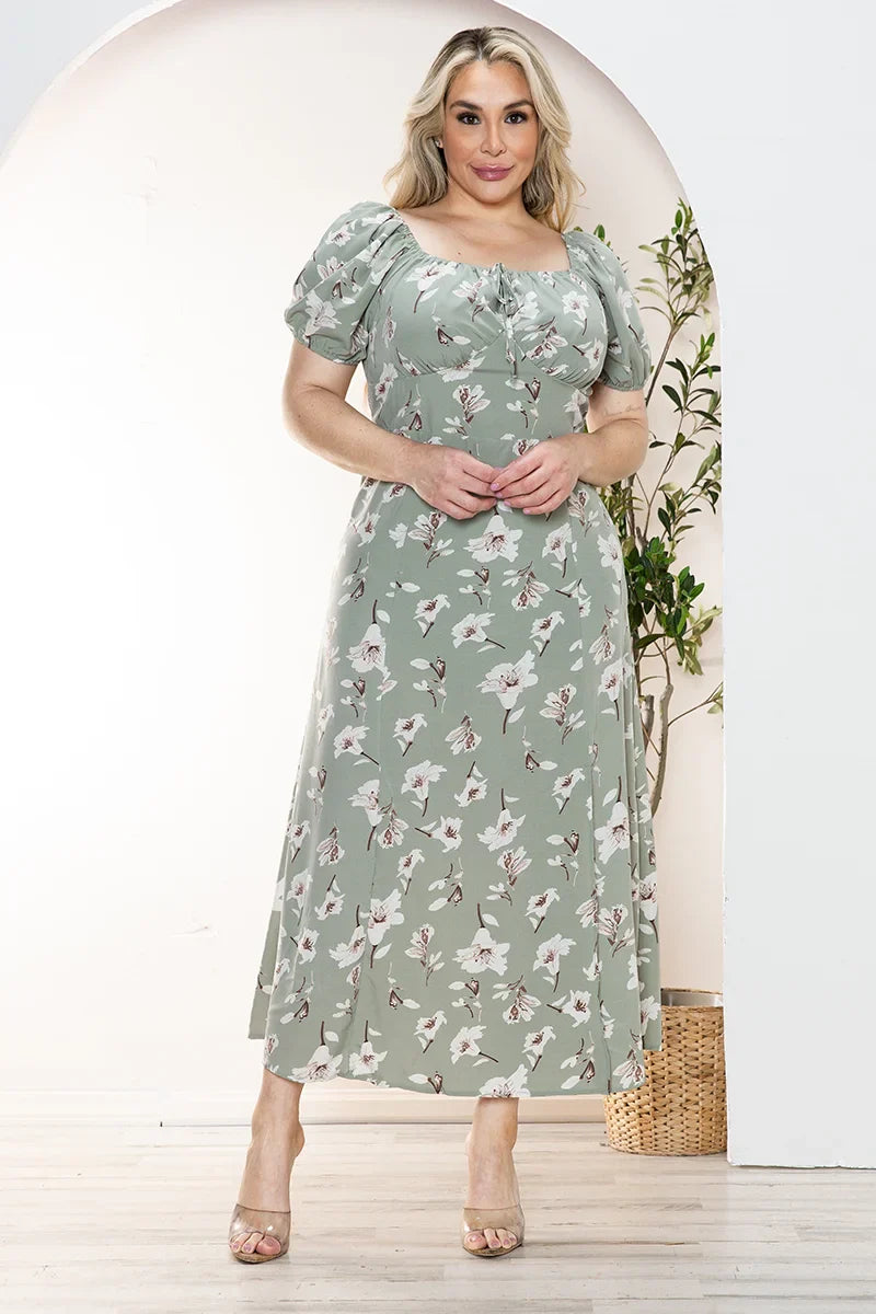 Plus Size Floral Front Tie Short Puff Sleeve Midi Dress