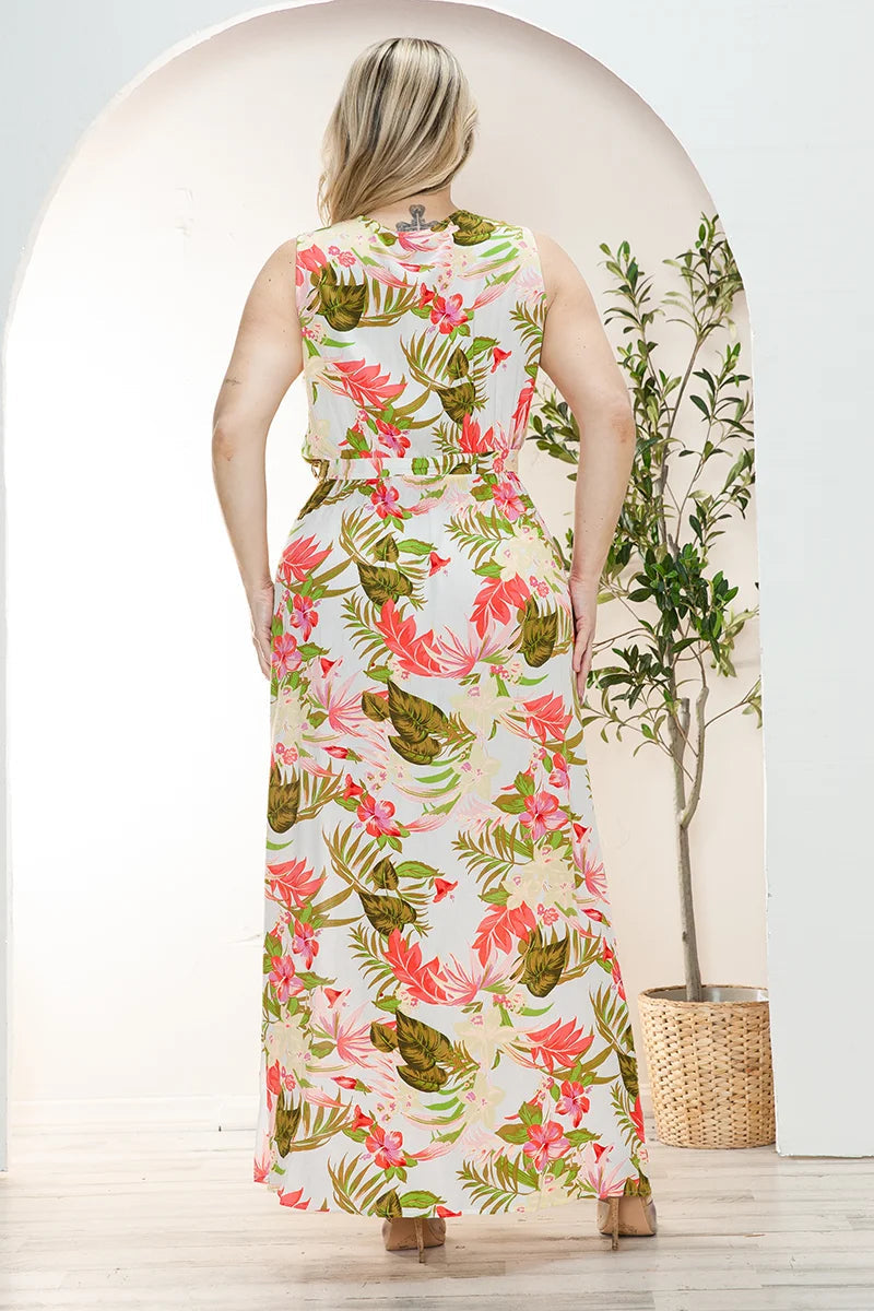 Plus Size Floral Wrap Belted Front Slit Maxi Dress