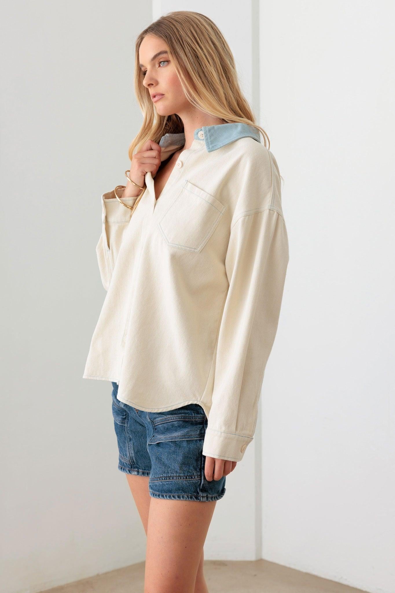 Cream Contrast Collar Cotton Pocket Oversized Shacket - ShopStyleEdit #