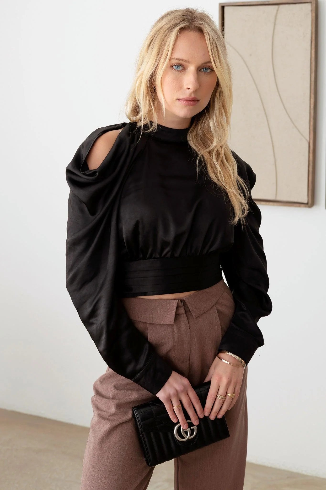 Satin Drape Sleeve Crop Cold Shoulder Top - ShopStyleEdit #