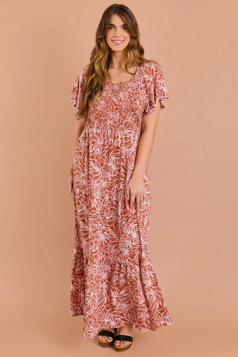 Plus Size Floral Smocking Bust Tiered Hem Maxi Dress