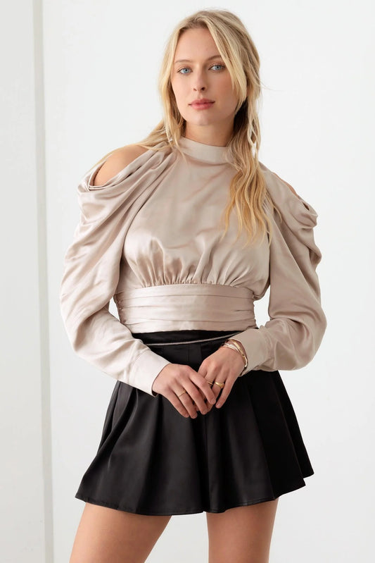 Satin Drape Sleeve Crop Cold Shoulder Top - ShopStyleEdit #