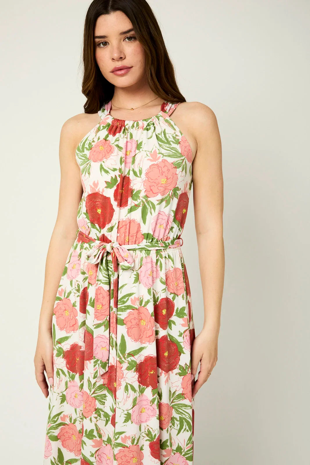 Floral Halter Front Tie Back Keyhole Midi Dress