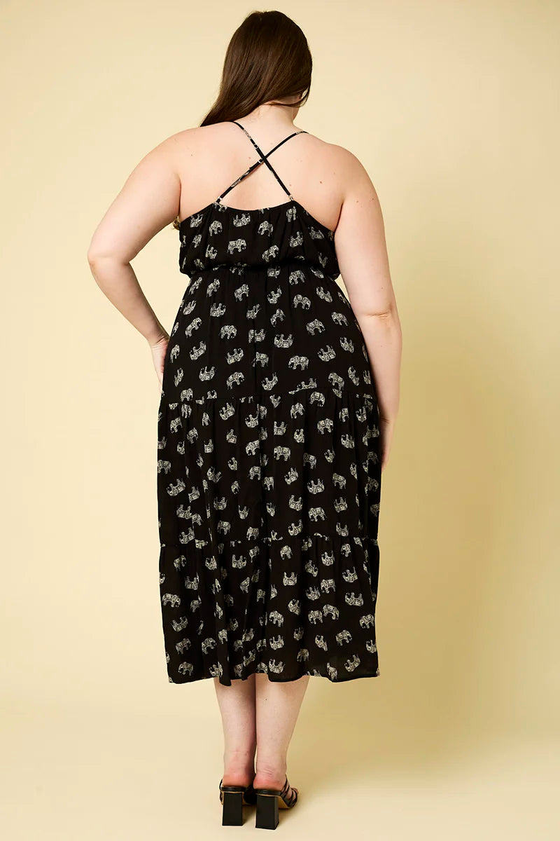 Plus Size Sleeveless Tiered Elephant Print Midi Dress