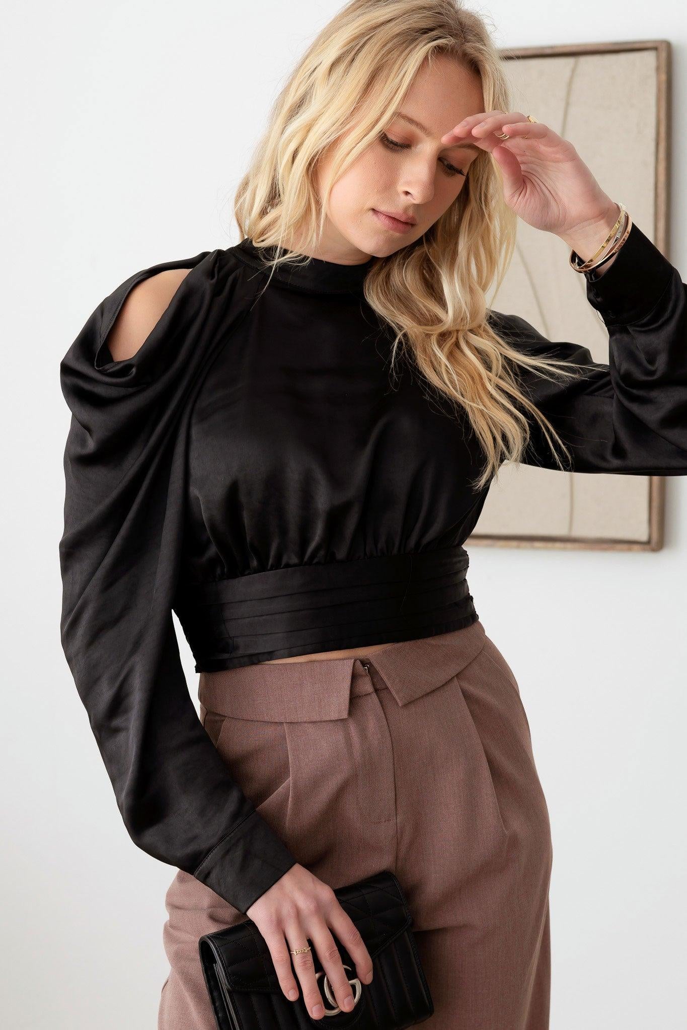 Satin Drape Sleeve Crop Cold Shoulder Top - ShopStyleEdit #