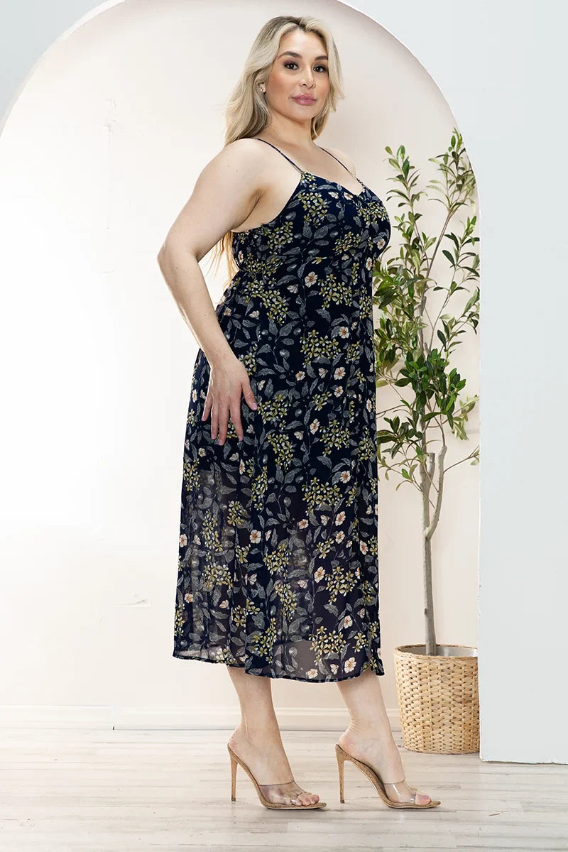 Plus Size Floral Chiffon Sweetheart Neckline Midi Dress