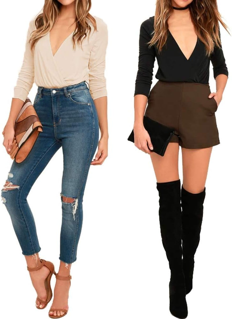 Elegant Long Sleeve Bodysuit: Surplice Ruched Design with Deep V Neck - ShopStyleEdit #