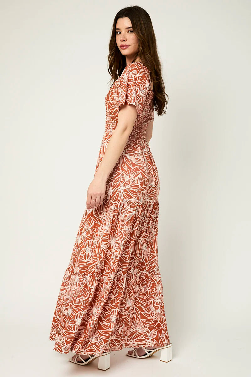 Floral Smocking Bust Tiered Hem Maxi Dress