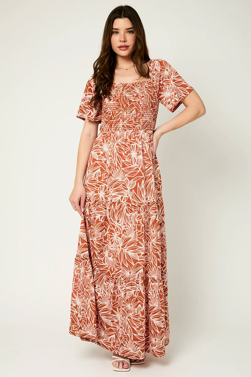 Floral Smocking Bust Tiered Hem Maxi Dress