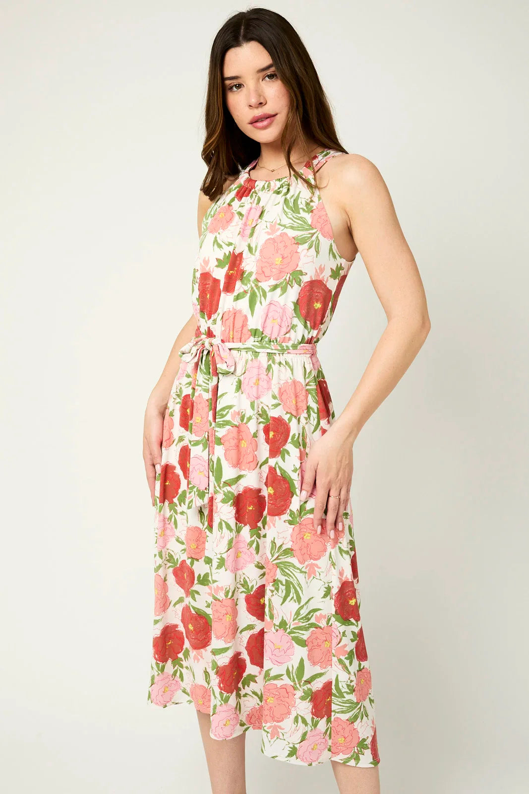 Floral Halter Front Tie Back Keyhole Midi Dress