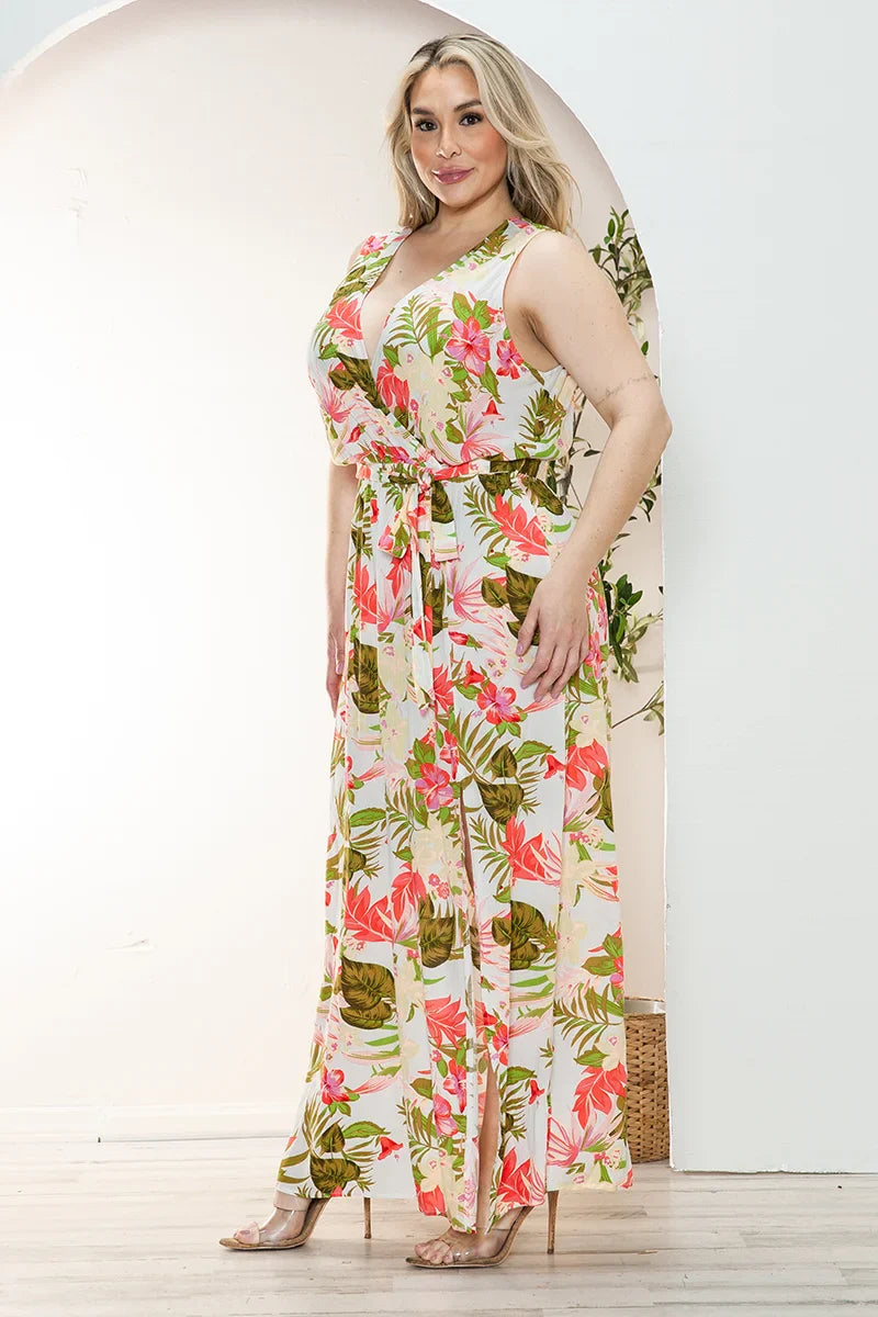 Plus Size Floral Wrap Belted Front Slit Maxi Dress