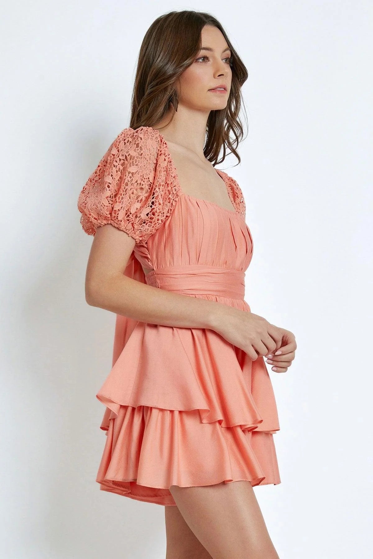 Lace Sleeve Back Tie Ruffle Tiered Mini Romper Dress