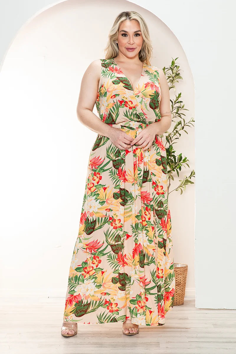 Plus Size Floral Wrap Belted Front Slit Maxi Dress