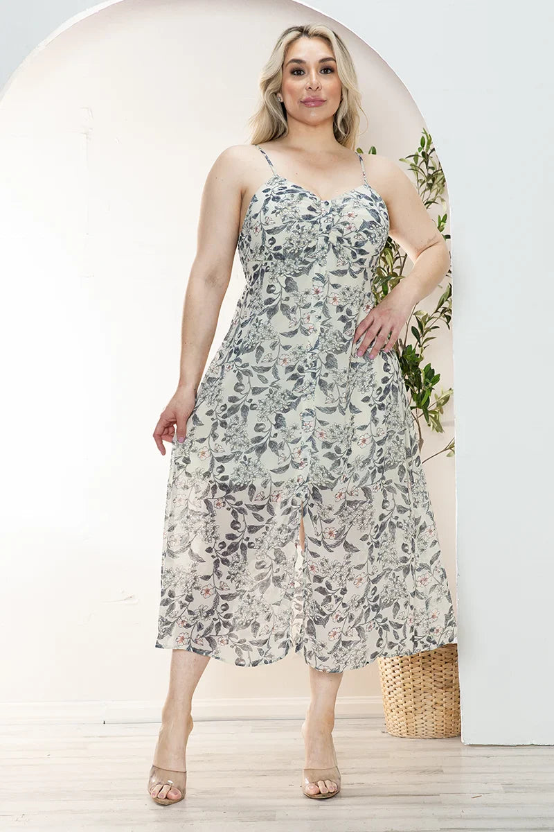 Plus Size Floral Chiffon Sweetheart Neckline Midi Dress