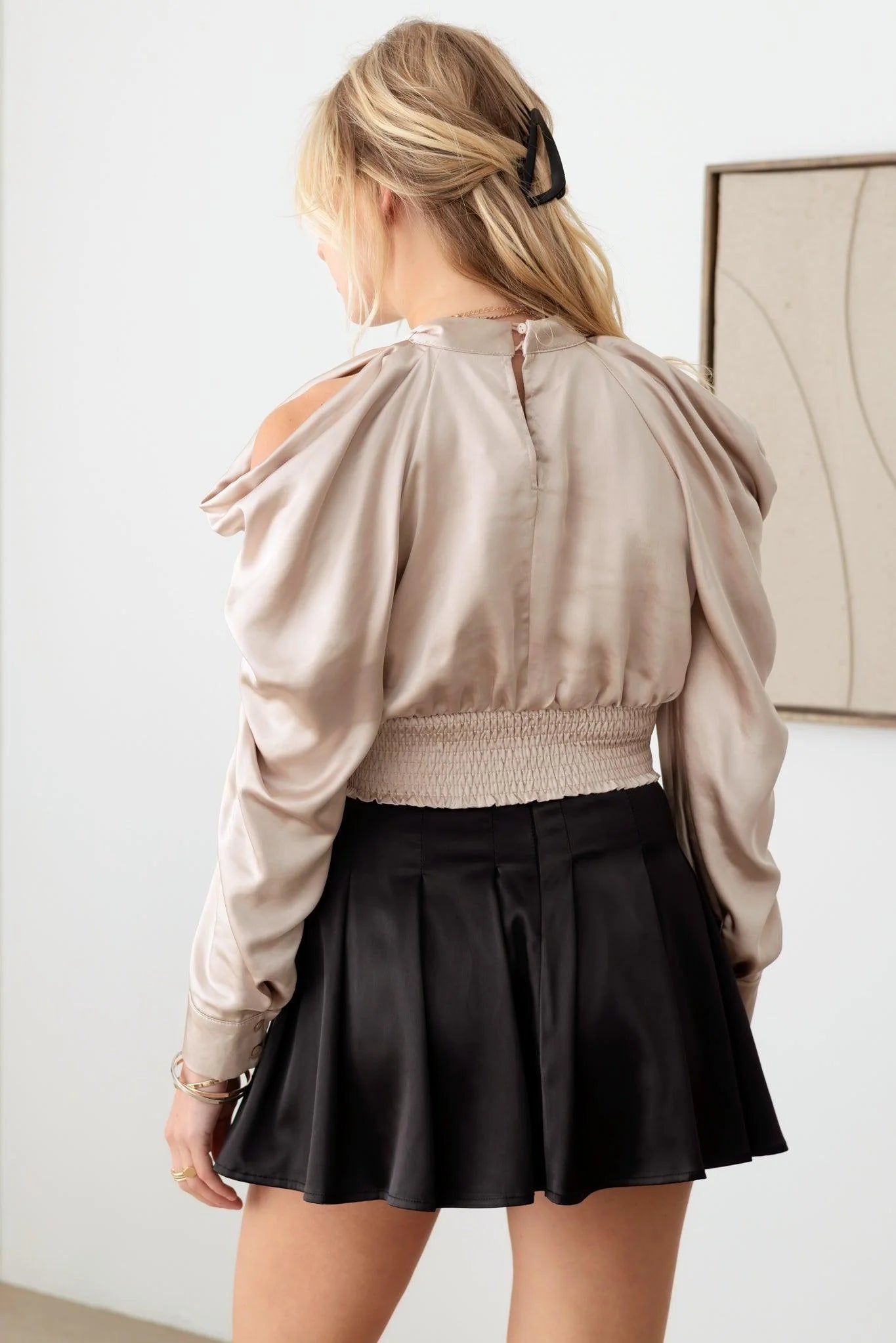 Satin Drape Sleeve Crop Cold Shoulder Top - ShopStyleEdit #