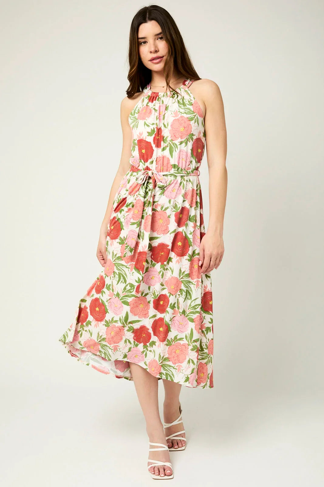 Floral Halter Front Tie Back Keyhole Midi Dress