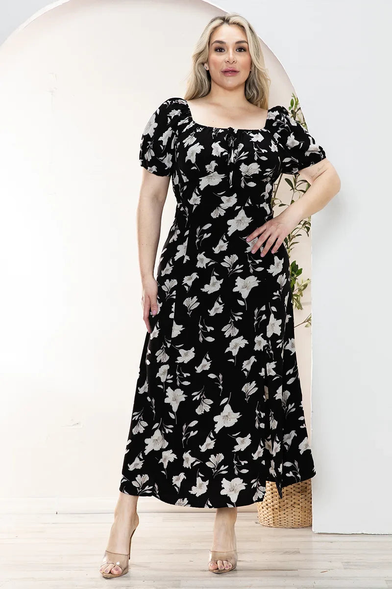 Plus Size Floral Front Tie Short Puff Sleeve Midi Dress