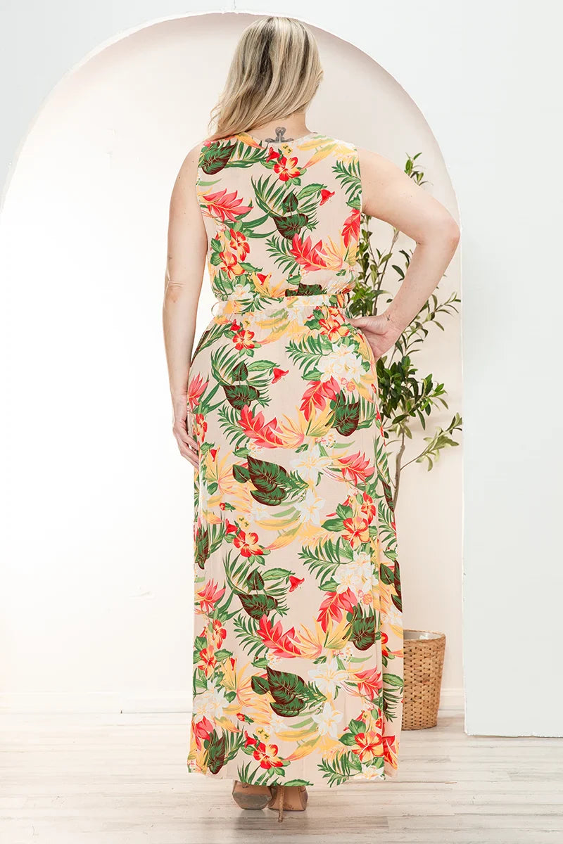 Plus Size Floral Wrap Belted Front Slit Maxi Dress