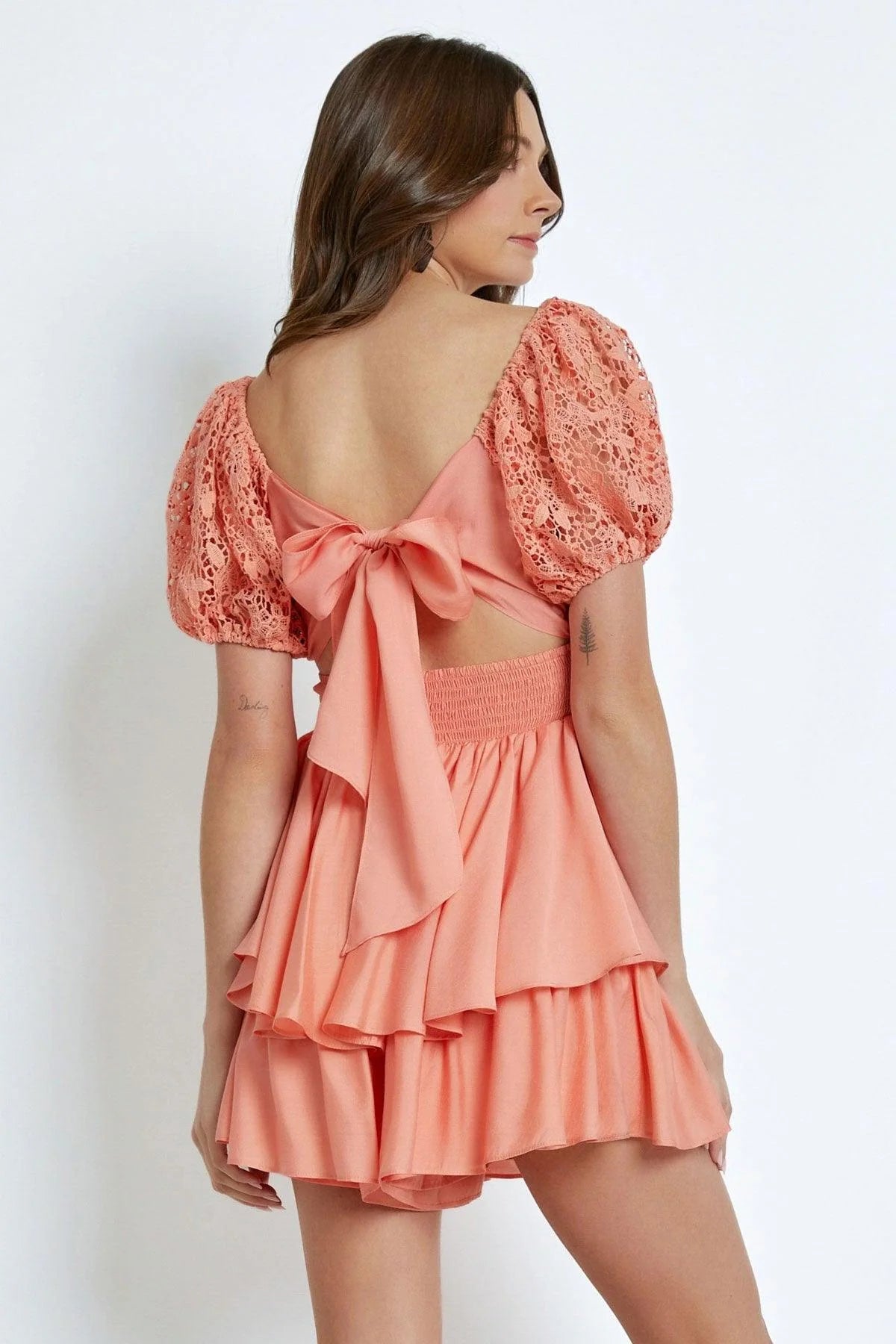 Lace Sleeve Back Tie Ruffle Tiered Mini Romper Dress