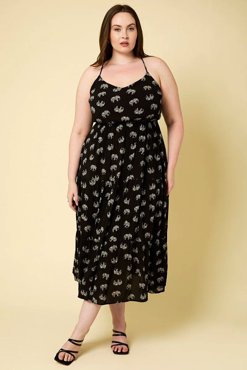 Plus Size Sleeveless Tiered Elephant Print Midi Dress