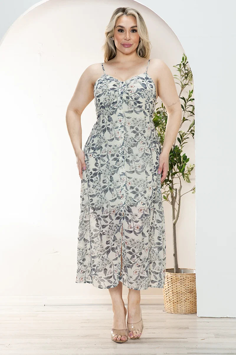 Plus Size Floral Chiffon Sweetheart Neckline Midi Dress