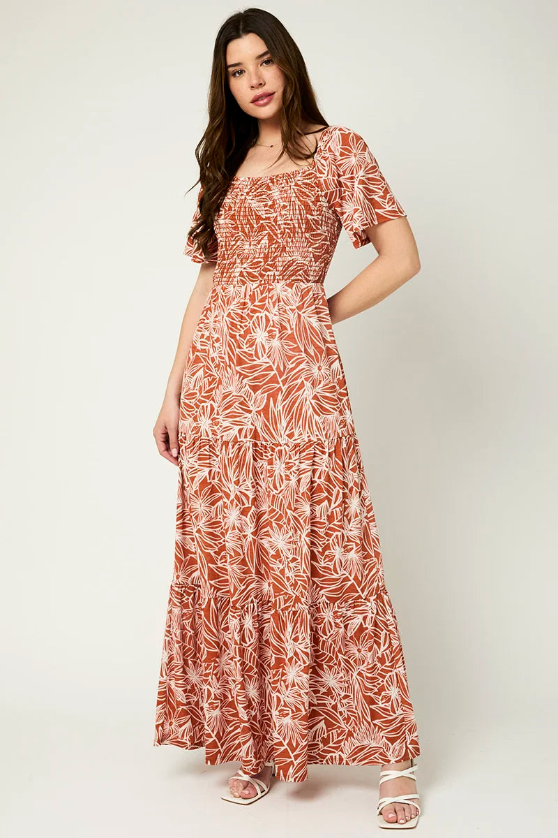 Floral Smocking Bust Tiered Hem Maxi Dress