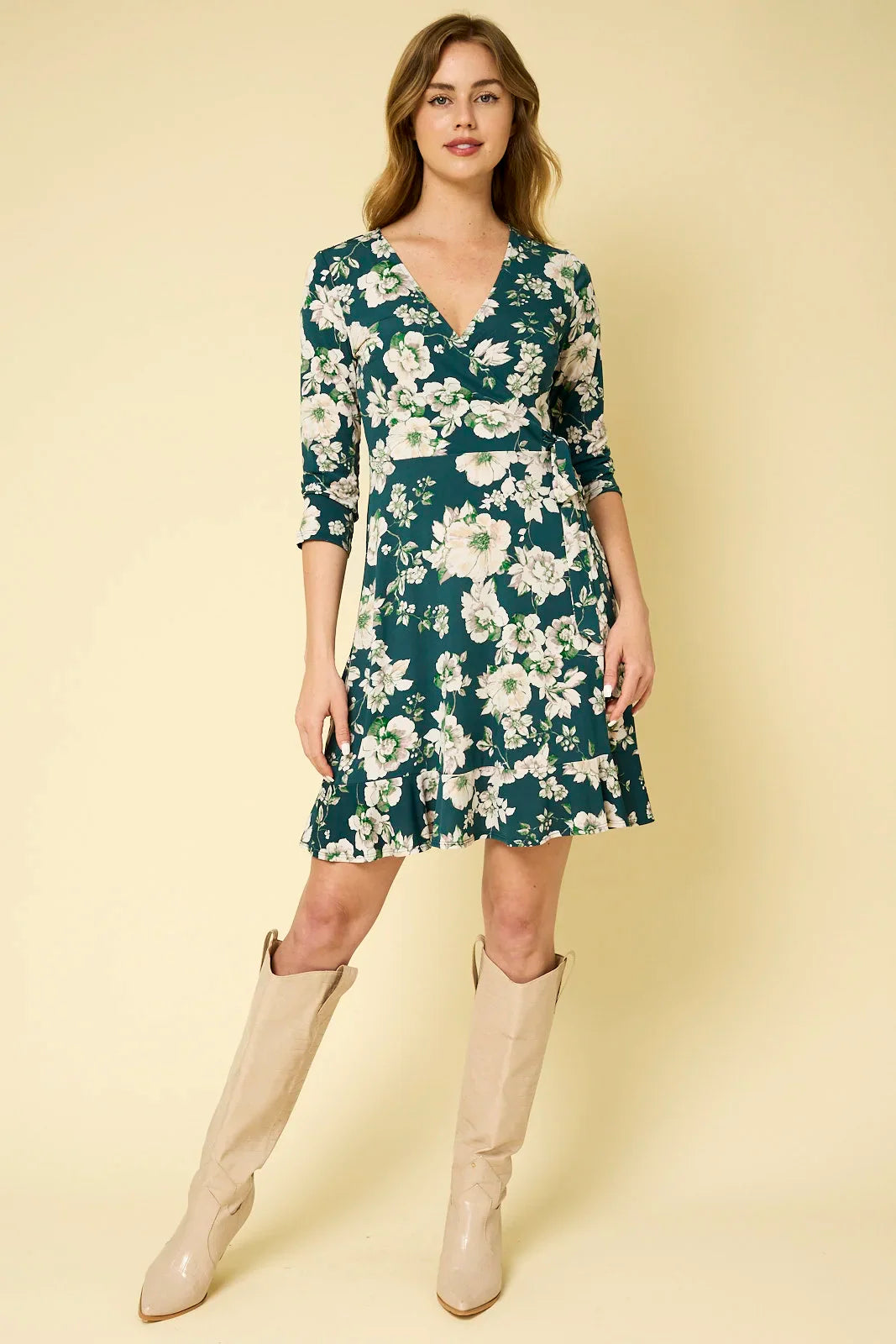 Floral Wrap Tie 3/4 Sleeve V Neck Mini Dress