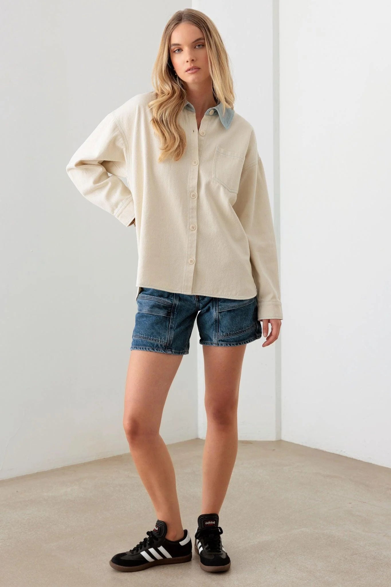 Cream Contrast Collar Cotton Pocket Oversized Shacket - ShopStyleEdit #