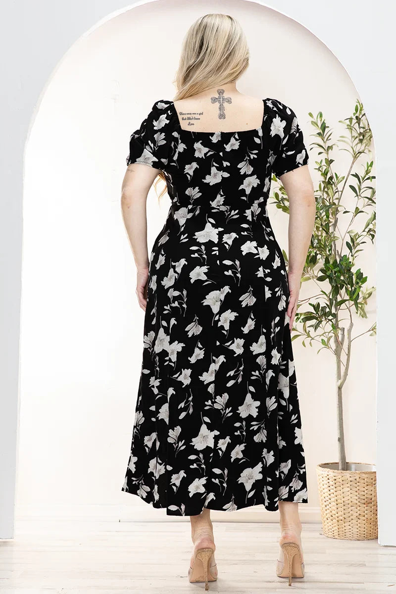 Plus Size Floral Front Tie Short Puff Sleeve Midi Dress