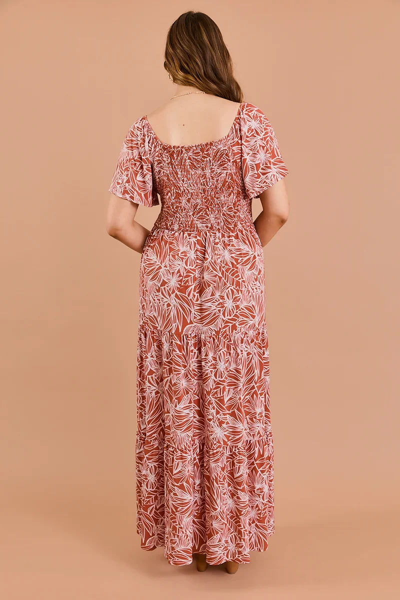 Plus Size Floral Smocking Bust Tiered Hem Maxi Dress