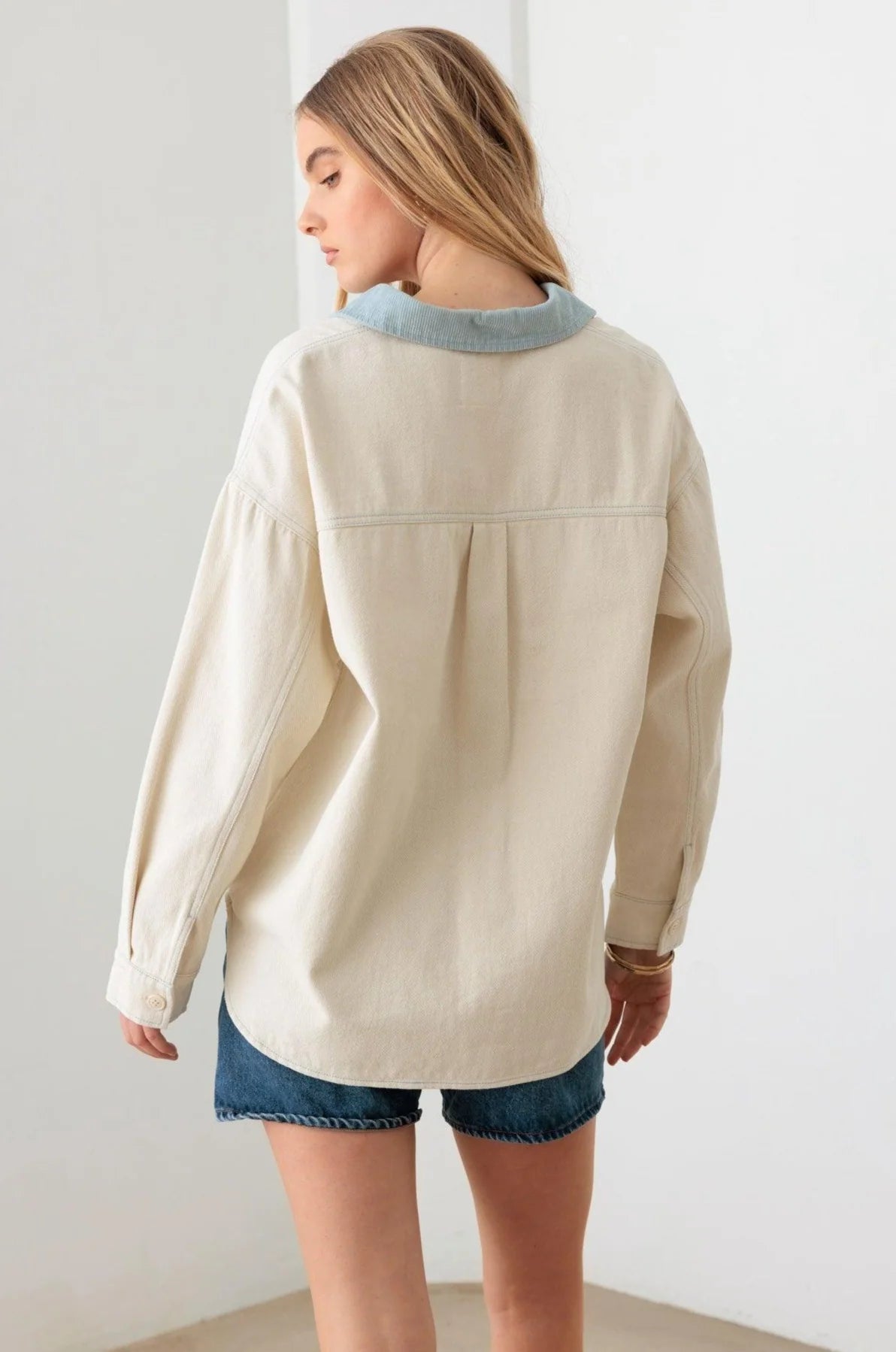 Cream Contrast Collar Cotton Pocket Oversized Shacket - ShopStyleEdit #