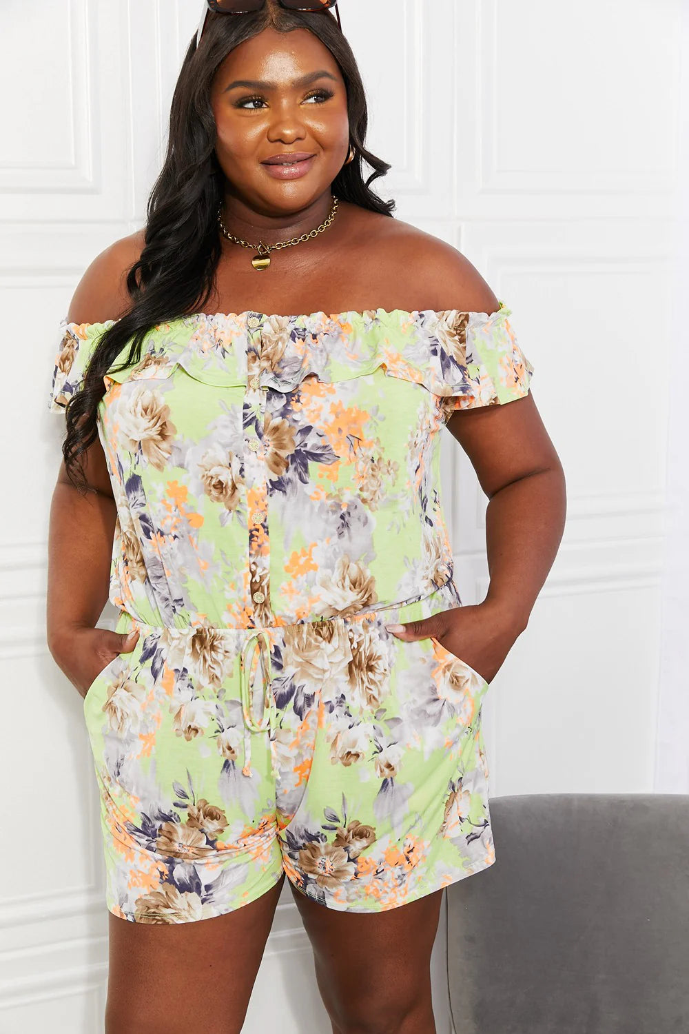 Sew in Love Full Size Pure Delight Floral Off-Shoulder Romper