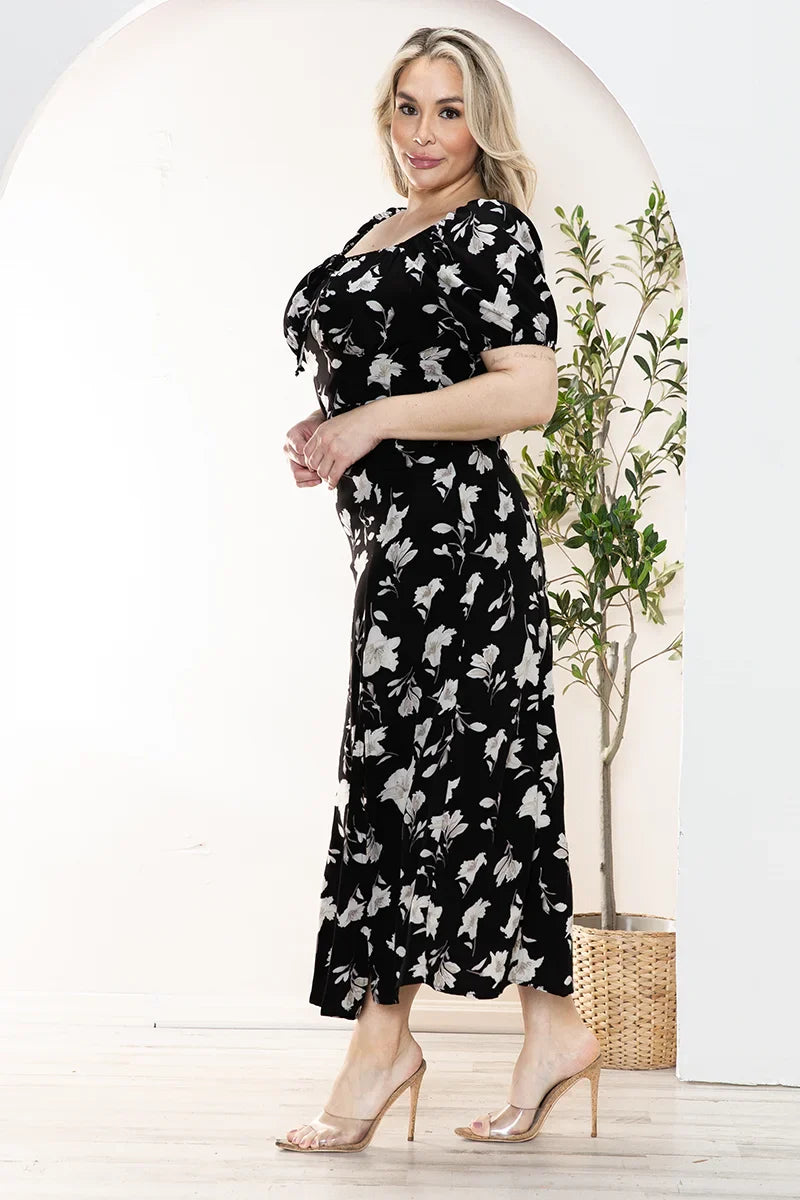 Plus Size Floral Front Tie Short Puff Sleeve Midi Dress