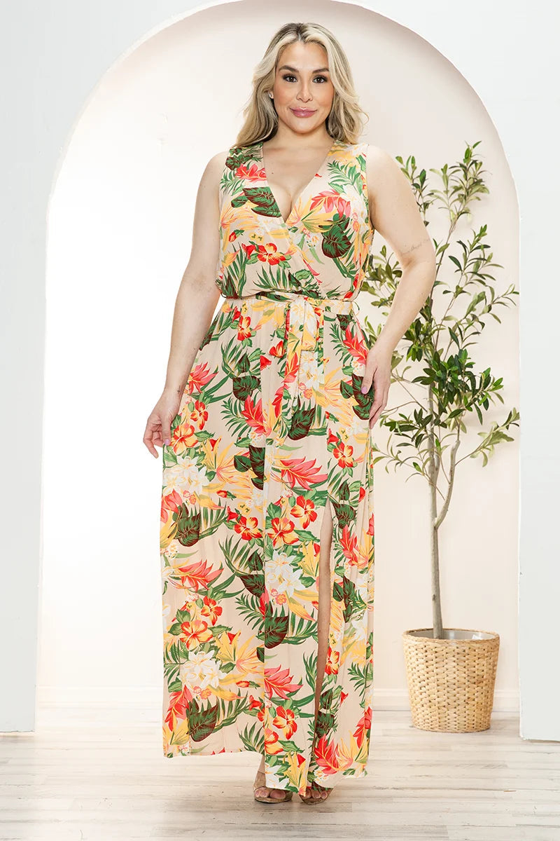 Plus Size Floral Wrap Belted Front Slit Maxi Dress